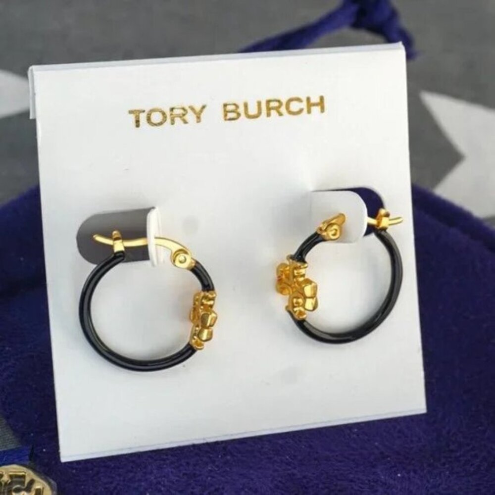 Tory Burch Small Eleanor Hoop Earrings in Black Enamel